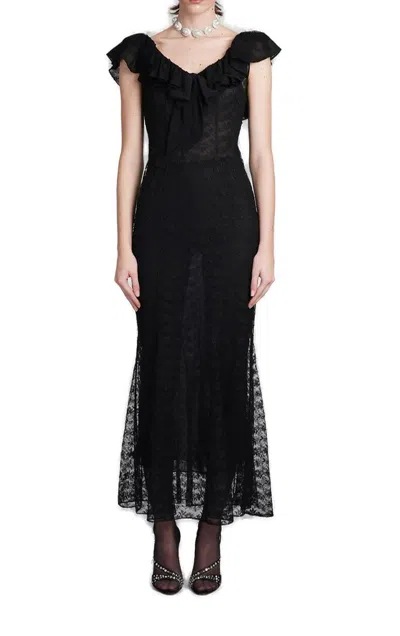 Alessandra Rich V-neck Ruffled Trim Maxi Dress In Black