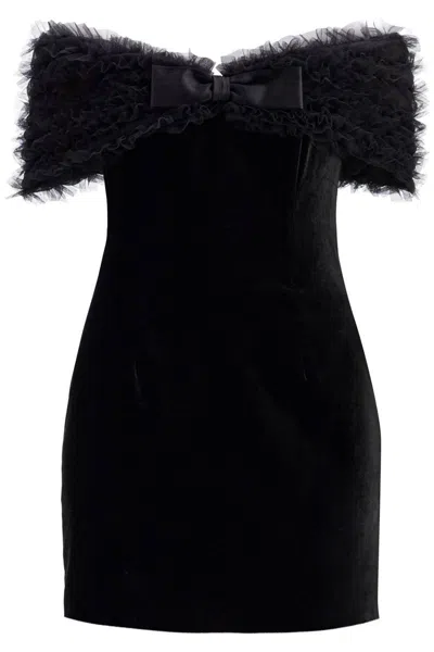 Alessandra Rich Off-the-shoulder Tulle-trimmed Velvet Mini Dress In Black