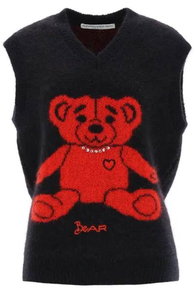 Alessandra Rich Vest In Jacquard Knit With Bear Motif And Appliques In Black