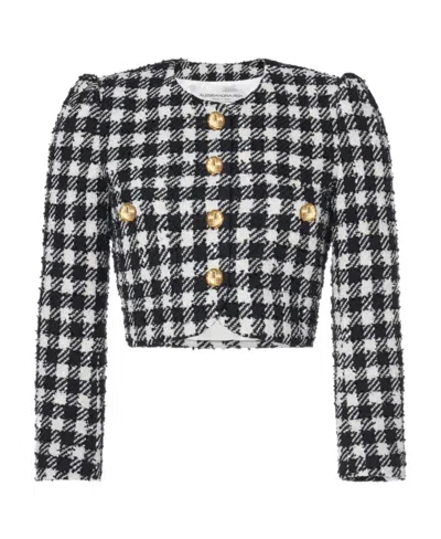 Alessandra Rich Vichy Cropped Tweed Jacket In Black