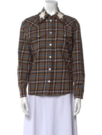 Pre-owned Alessandra Rich Virgin Wool Plaid Print Button-up Top In Brown
