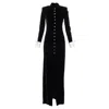 Alessandra Rich Viscose Silk Velvet Crystal Buttons Split Gown In Black