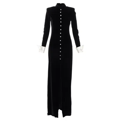 Alessandra Rich Viscose Silk Velvet Crystal Buttons Split Gown In Black
