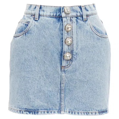Alessandra Rich Washed Denim Crystal Embellished Mini Skirt In Blue