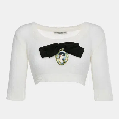 Alessandra Rich White Brushed Knit Portrait Cameo Appliqué Crop Top