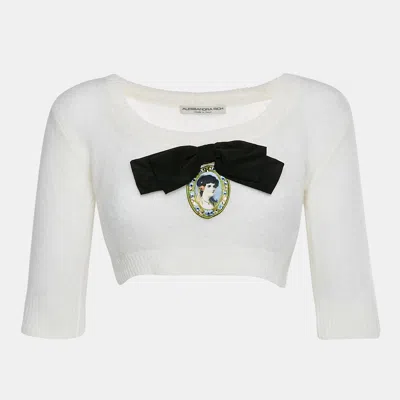 Pre-owned Alessandra Rich White Brushed Knit Portrait Cameo Appliqué Crop Top S