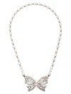 Alessandra Rich Bow Pendant With Pearl Beads And Rhinestone Embellishments In Metallic