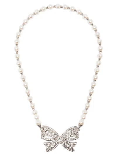 Alessandra Rich White Pearl Bow Necklace In Metallic