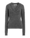 Alessandra Rich Wool Knit Sweater With Studs And Crystals In Grey