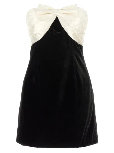 Alessandra Rich Strapless Bow-embellished Silk-duchesse And Velvet Mini Dress In Black