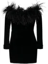 Alessandra Rich Feathered Off-the-shoulder Velvet Dress In Black