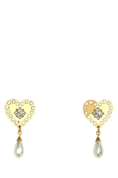 Alessandra Rich Heart-shaped Metal Earrings With Rhinestones And Crystal Embellishments In Gold