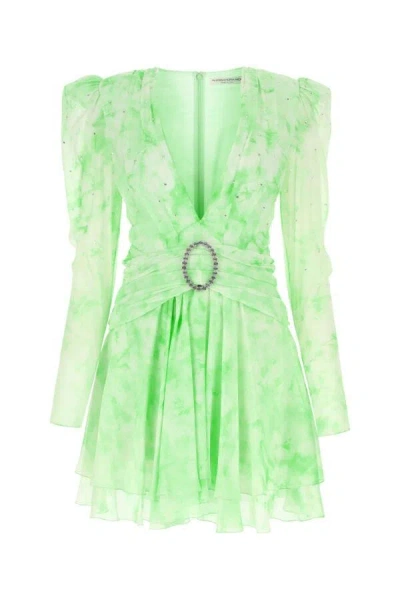 Alessandra Rich Gathered Crystal-embellished Printed Silk-georgette Mini Dress In Green