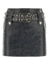 Alessandra Rich Leather Mini Skirt With Belt And Appliques In Gray