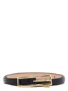 Alessandra Rich Slim Black Leather Belt With Logo Charm And Brass Buckle 1.5 Cm In Black