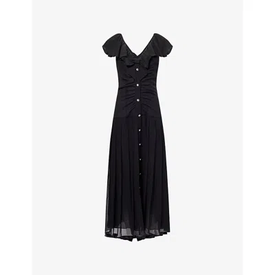 Alessandra Rich Womens Black Pleated V-neck Silk Midi Dress