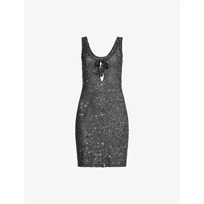Alessandra Rich Womens Black-silver Bow-embroidered Sequin-knit Mini Dress