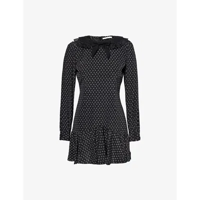 Alessandra Rich Ruffled Velvet And Tulle-trimmed Floral-print Silk Crepe De Chine Mini Dress In Black-white