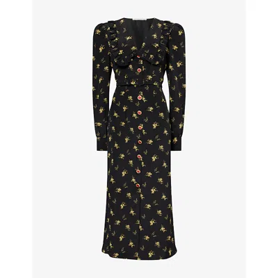 Alessandra Rich Womens Floral-print Collared Silk Midi Dress Black-yellow