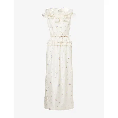 Alessandra Rich Womens Floral-print Taffeta Silk Midi Dress White-multi