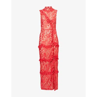 Alessandra Rich Womens High-neck Ruffled Lace Midi Dress Red