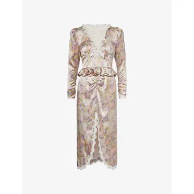 Alessandra Rich Womens Light Blue Violet Floral-print Frilled Silk Midi Dress In Multi