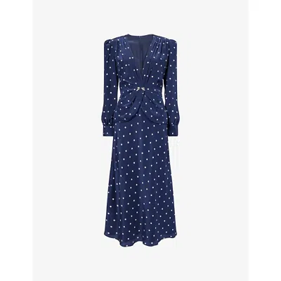 Alessandra Rich Womens Navy Blue-white Polka-dot Plunge-v-neck Silk Midi Dress