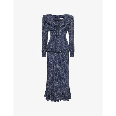 Alessandra Rich Ruffled Polka-dot Silk Crepe De Chine Midi Dress In Navy Blue-white