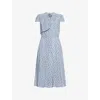 Alessandra Rich Womens Rose-print Pleated Silk Midi Dress Pale Blue-blue In Pale Blue-blue