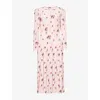 Alessandra Rich Bow-detailed Floral-print Silk Crepe De Chine Midi Dress In Pink-red