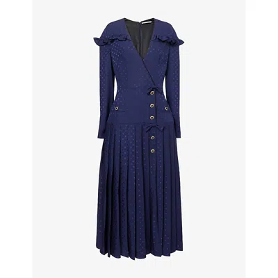 Alessandra Rich Womens Pleated Jacquard Silk Midi Dress Navy Blue