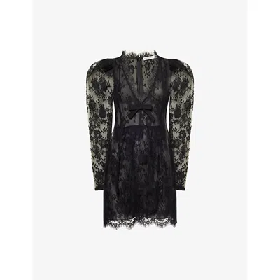 Alessandra Rich Womens Black V-neck Puffed-shoulders Lace Mini Dress