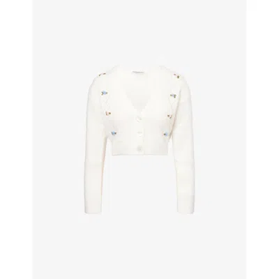 Alessandra Rich Womens White Flower-embroidery Crop Knitted Cardigan