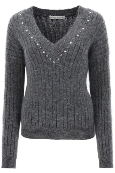 Alessandra Rich Wool Knit Jumper With Studs And Crystals In Grigio
