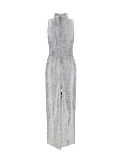 Alessandra Rich Zipped High Neck Lurex Tweed Evening Dress In Silver