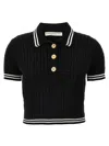 Alessandra Rich Braided Cotton Polo Shirt With Contrast Details In White/black
