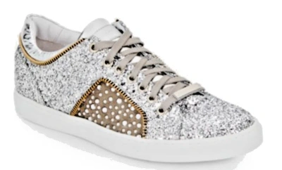 Pre-owned Alessandro Dell'acqua Alessandro Dell' Acqua Leather Glitter Lace-up Sneaker Shoe Silver Size Us 9