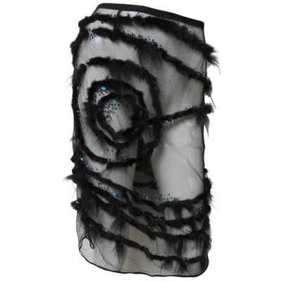 Pre-owned Alessandro Dell'acqua Net Skirt With Fur And Turquoise Stones Trim 1990s In Black