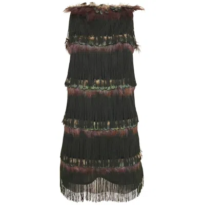 Pre-owned Alessandro Dell'acqua Peacock Feather Fringe Tassel Cocktail Mini Dress In Black