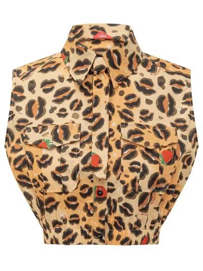 Alessandro Enriquez Beige Animal Print Sleeveless Shirt In Brown