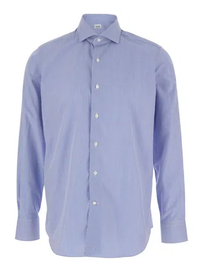 ALESSANDRO GHERARDI BLUE SHIRT WITH CLASSIC COLLAR AND ALL-OVER STRIPED MOTIF IN COTTON MAN