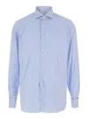 Alessandro Gherardi Light Blue Shirt With Classic Collar And All-over Striped Motif In Blue
