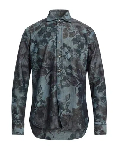 Alessandro Gherardi Man Denim Shirt Dark Green Size L Cotton, Polyamide, Elastane