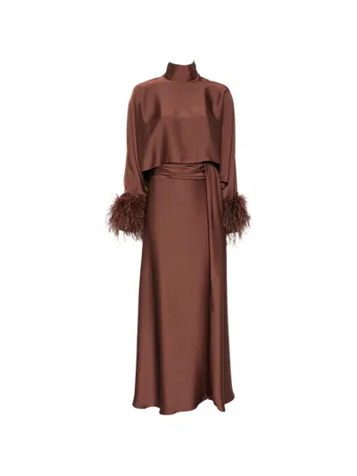 Alessandro Legora Feather-trim Satin Maxi Dress In Brown