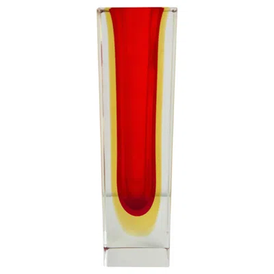Pre-owned Alessandro Mandruzzato Cute Mandruzzato Red, Yellow And Clear Murano Glass Sommerso Block Vase Vintage