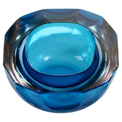 Pre-owned Alessandro Mandruzzato Faceted Blue Murano Midcentury Modern 1960s Sommerso Diamond Cut Glass Bowl