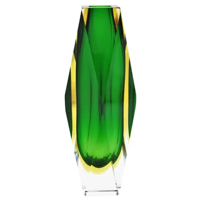 Pre-owned Alessandro Mandruzzato Giant Mandruzzato Murano Sommerso Green Yellow Faceted Art Glass Vase
