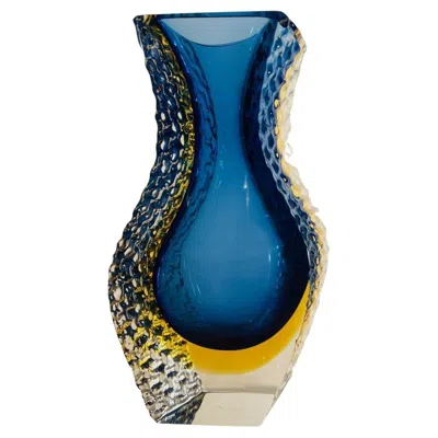 Pre-owned Alessandro Mandruzzato Murano Glass Blue And Yellow Circa 1950 Vase