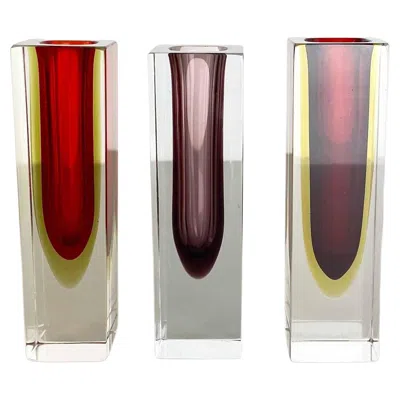 Pre-owned Alessandro Mandruzzato Rare Set Of 3 Multicolor Faceted Murano Glass Sommerso Cube Vases, Italy, 1970s In Sand