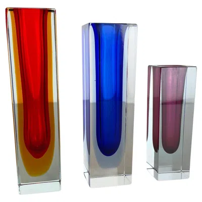 Pre-owned Alessandro Mandruzzato Rare Set Of 3 Multicolor Faceted Murano Glass Sommerso Cube Vases, Italy, 1970s In Transparent
